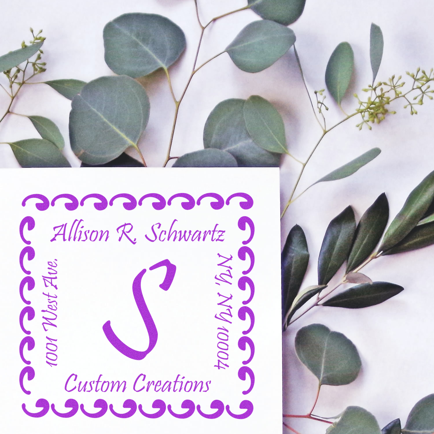 Custom rubber stamp return address design for Allison R. Schwartz with decorative border and monogram.