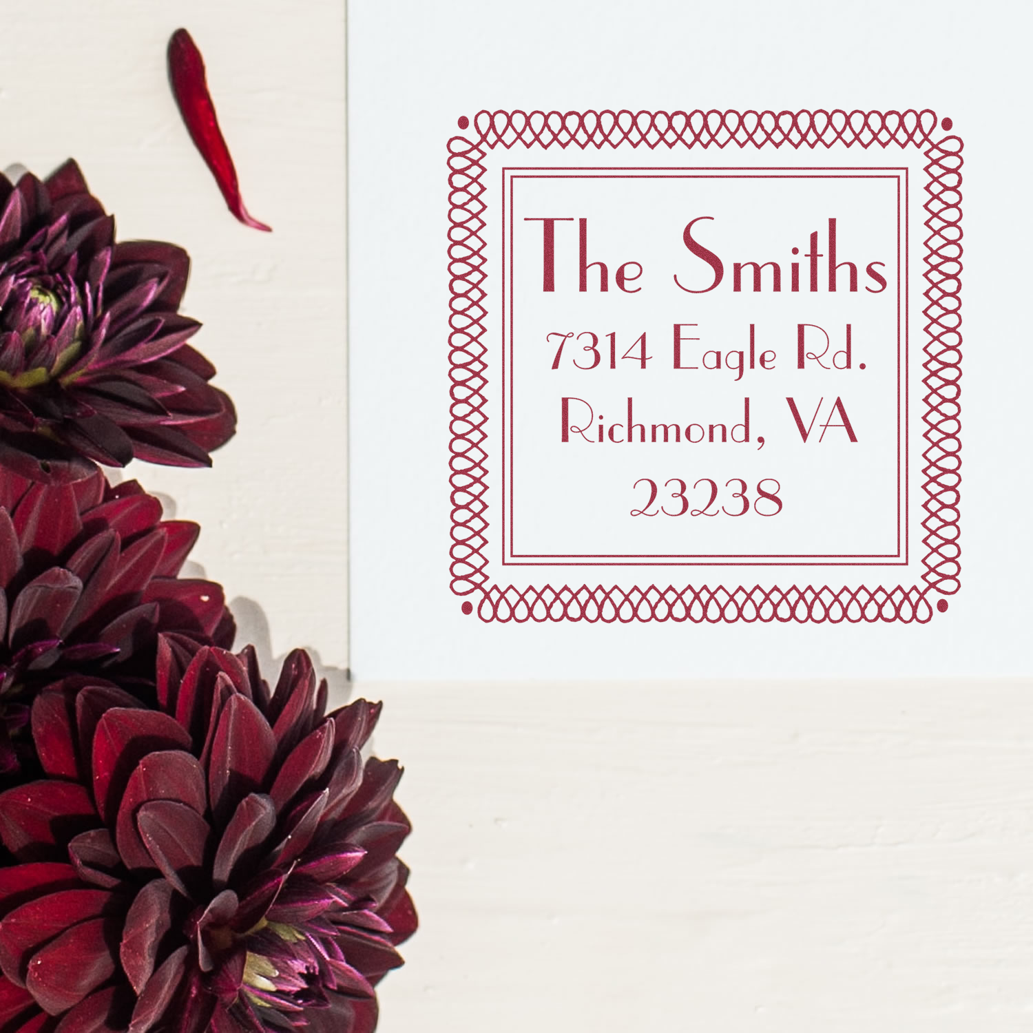 Custom return address rubber stamp for The Smiths, 7314 Eagle Rd., Richmond, VA 23238