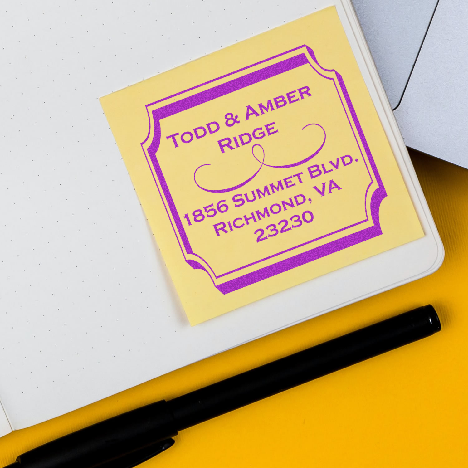 Custom rubber stamp for Todd & Amber Ridge return address with purple border and Richmond, VA address.