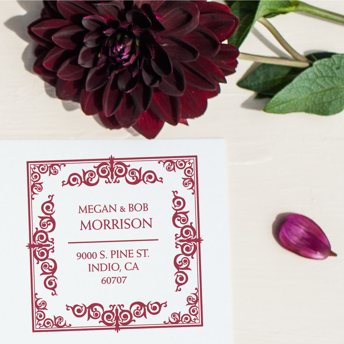 Custom ornate return address rubber stamp design with floral border for wedding invitations and mailing labels