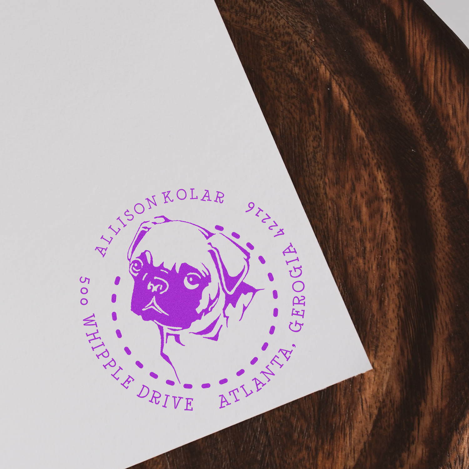 Custom rubber stamp with dog portrait and Atlanta address for Allison Kolar, personalized return address stamp for mailings.