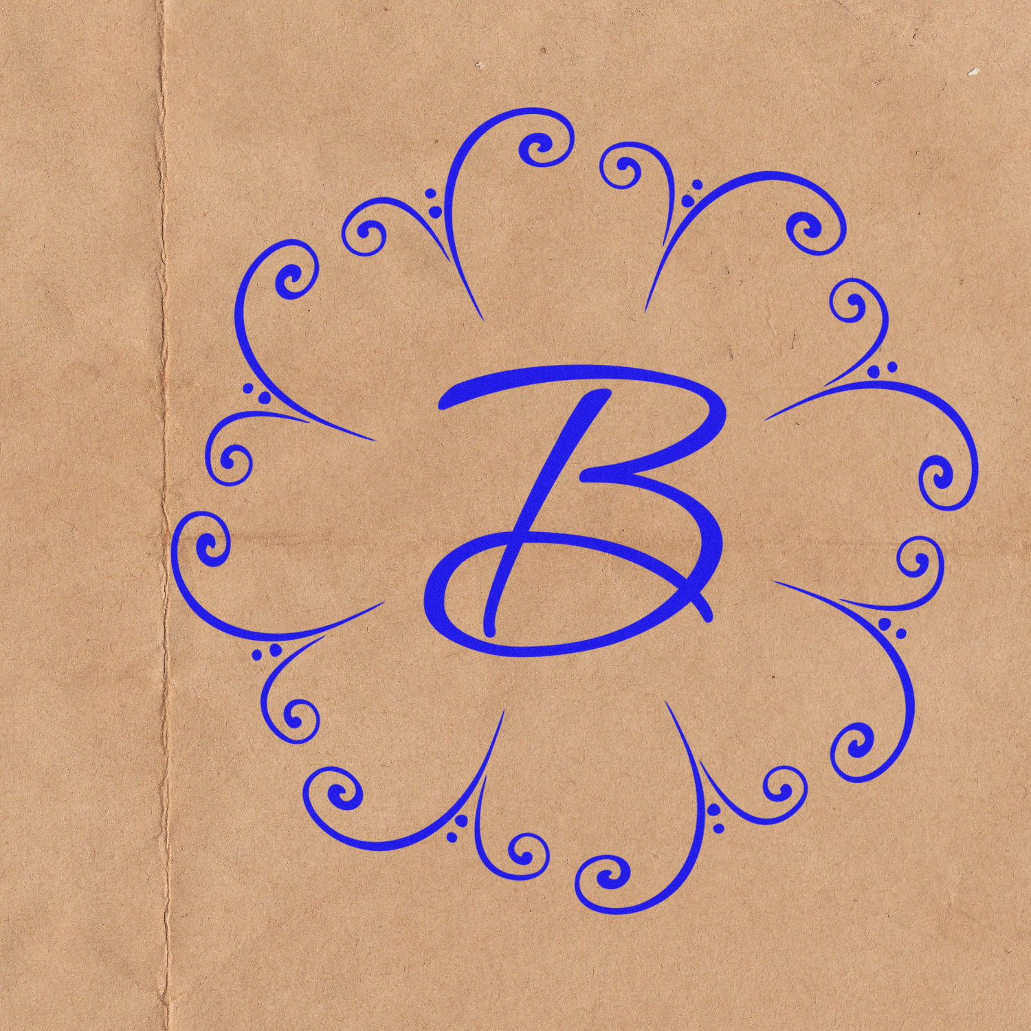 Ornate blue letter B monogram rubber stamp design with floral swirls for custom stationery, branding, or packaging.