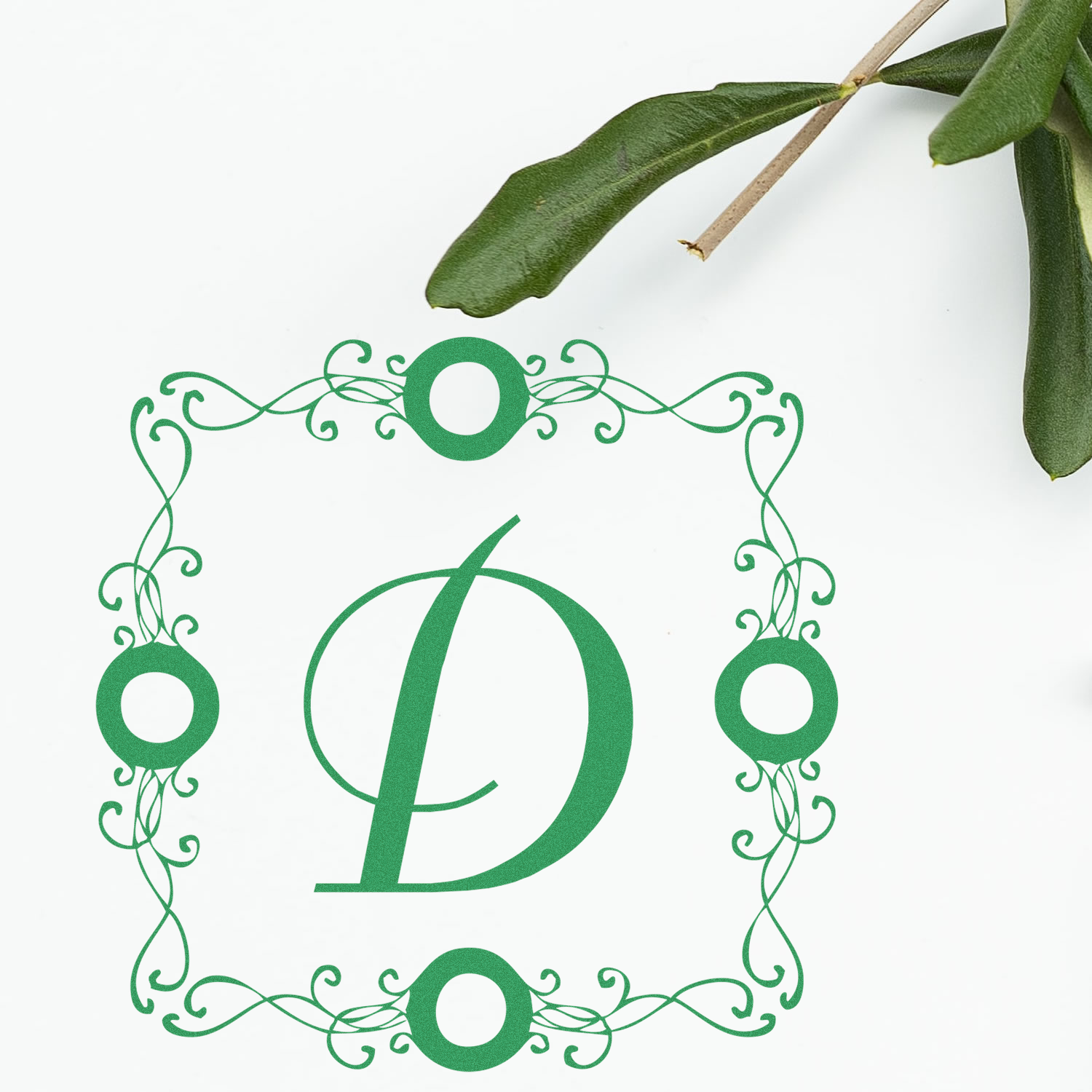 Custom decorative D monogram rubber stamp with ornate vine frame, ideal for elegant wedding stationery and personalized branding.