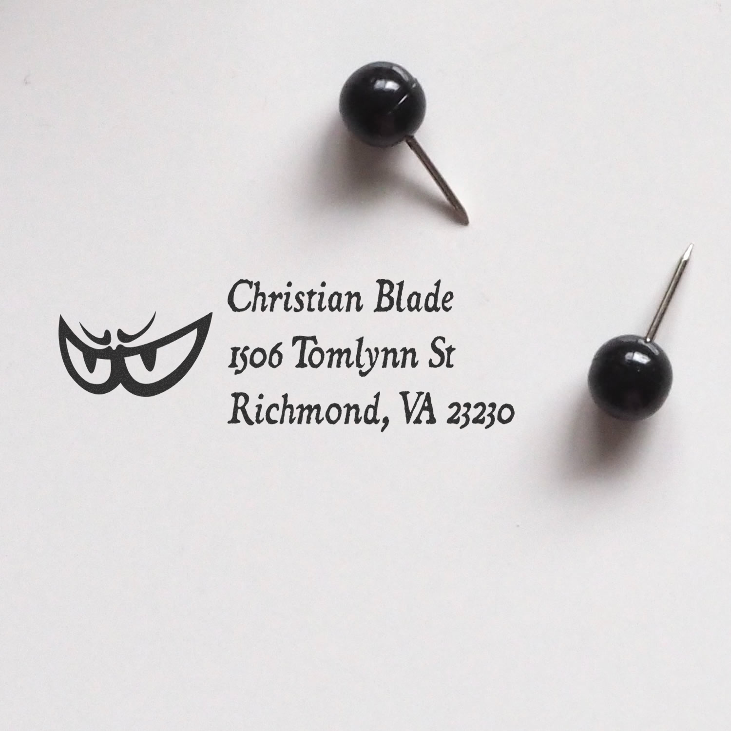 Custom rubber stamp proof showing Christian Blade logo and return address, Richmond, VA 23230.