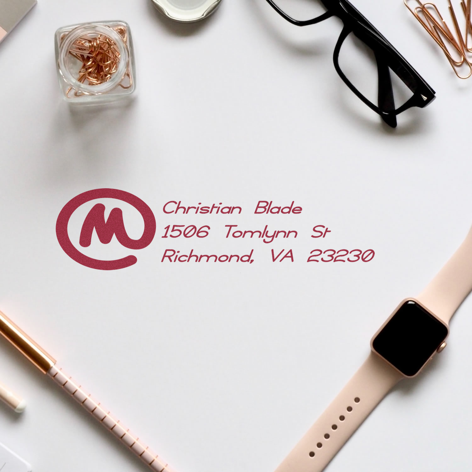 Custom address rubber stamp impression with logo, Christian Blade, Richmond, VA, for personalized business stationery and mail.
