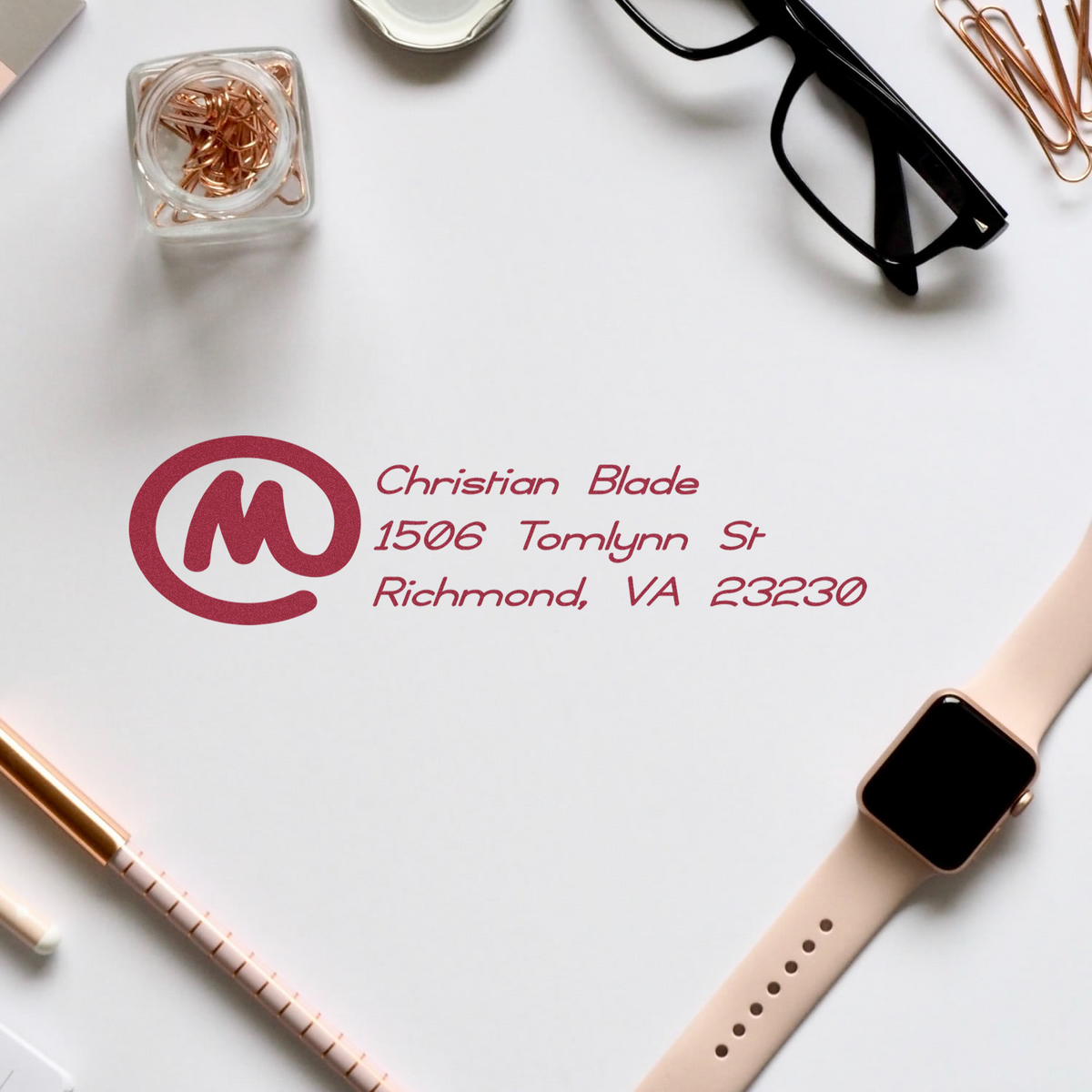 Custom return address rubber stamp impression with monogram and Christian Blade mailing address on stationery.