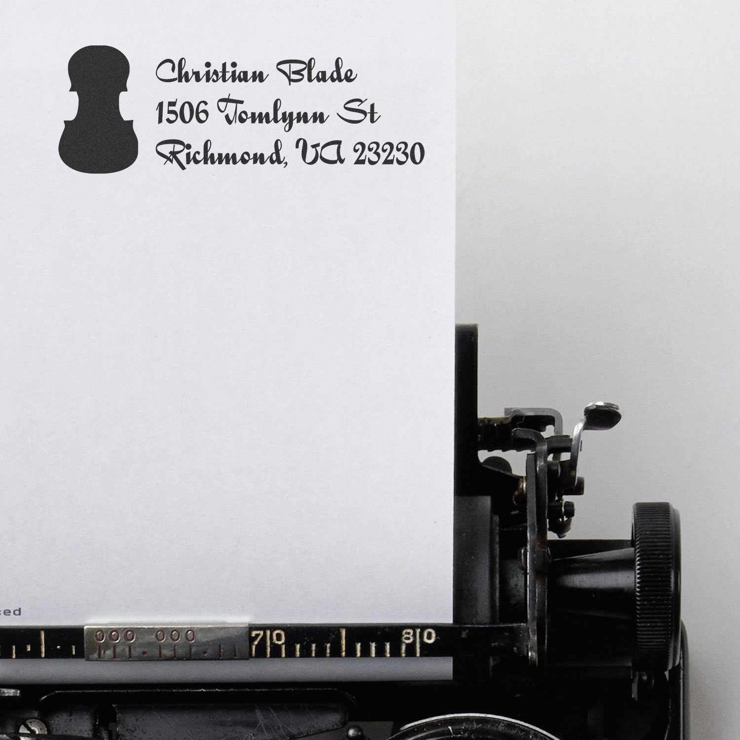 Custom rubber address stamp impression with name and address: Christian Blade, 1506 Tomlynn St, Richmond, VA 23230.