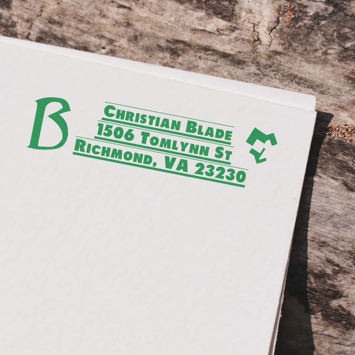Custom return address rubber stamp imprint on envelope for Christian Blade, Richmond, VA 23230.