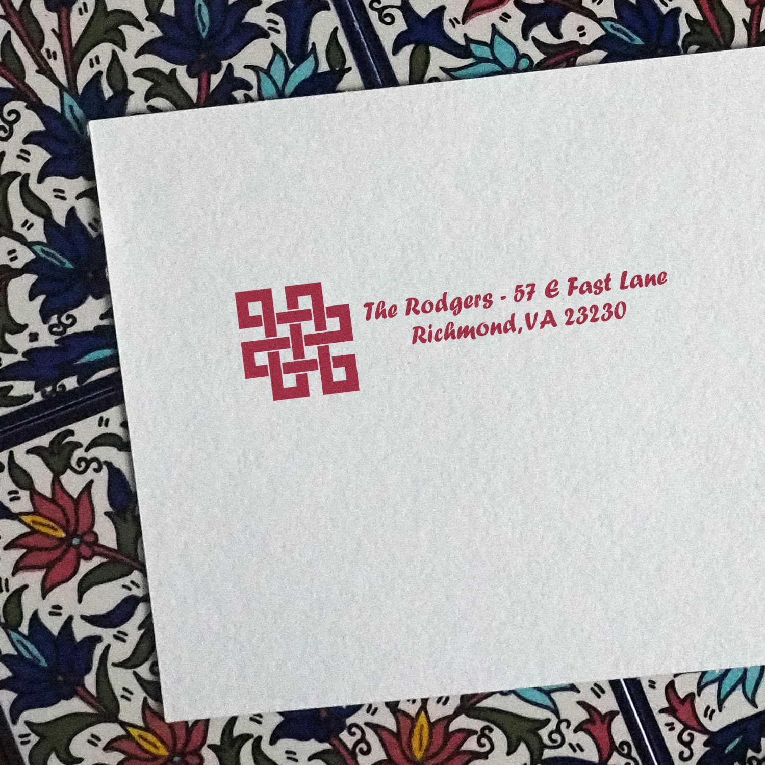 Custom rubber address stamp with monogram logo for personalized wedding or business envelopes, The Rodgers, Richmond, VA 23230.