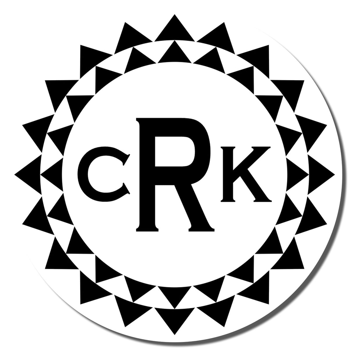 Custom rubber stamp logo with CRK monogram and geometric triangle border, ideal for branding and packaging.