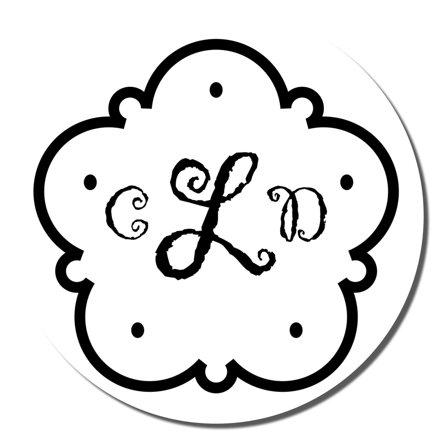 Decorative scalloped custom rubber stamp design with ornate monogram letters in the center for branding or crafting.