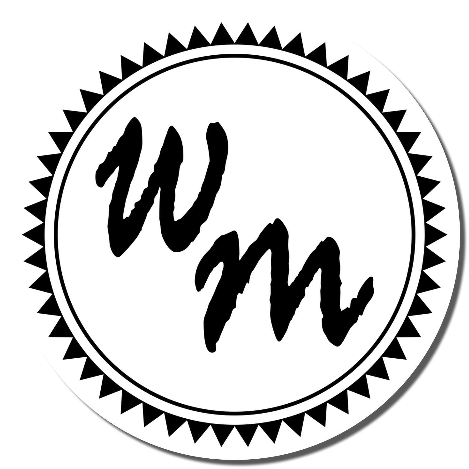 Custom WM monogram rubber stamp design with circular seal and spiked border for branding or initials.