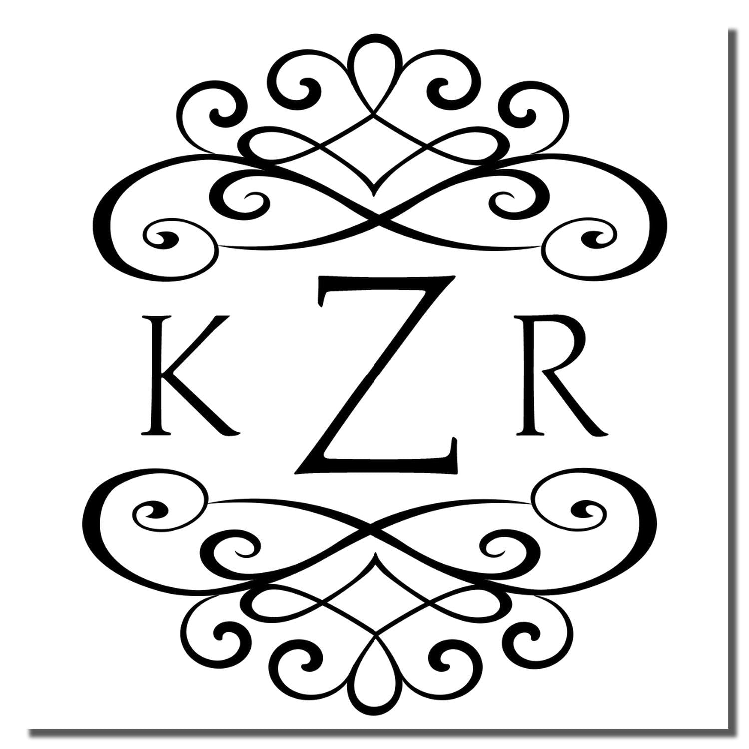 Decorative KZR monogram with ornate scrolls and heart-like motifs, typographic alphabet design for branding or wall art