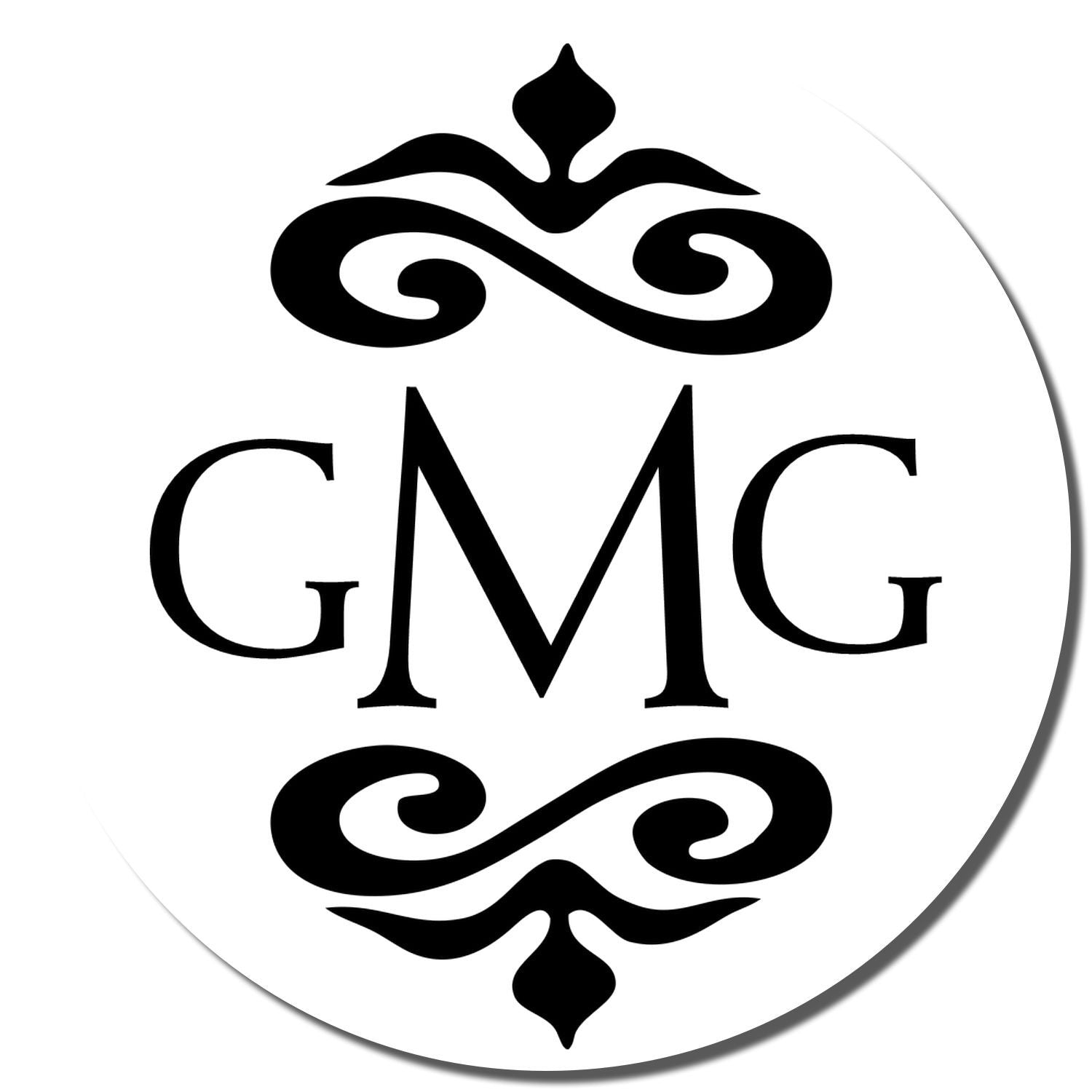 Custom GMG monogram rubber stamp with decorative flourishes for personalized branding and stationery