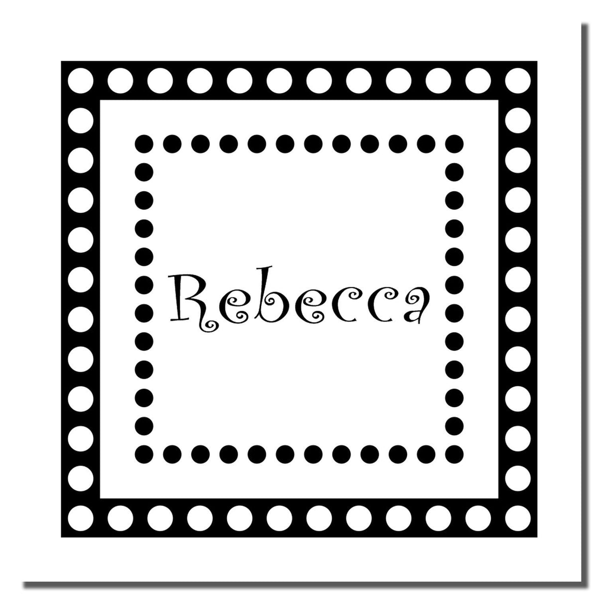 Rebecca personalized rubber stamp with decorative polka dot square border for crafts, stationery, and custom branding.