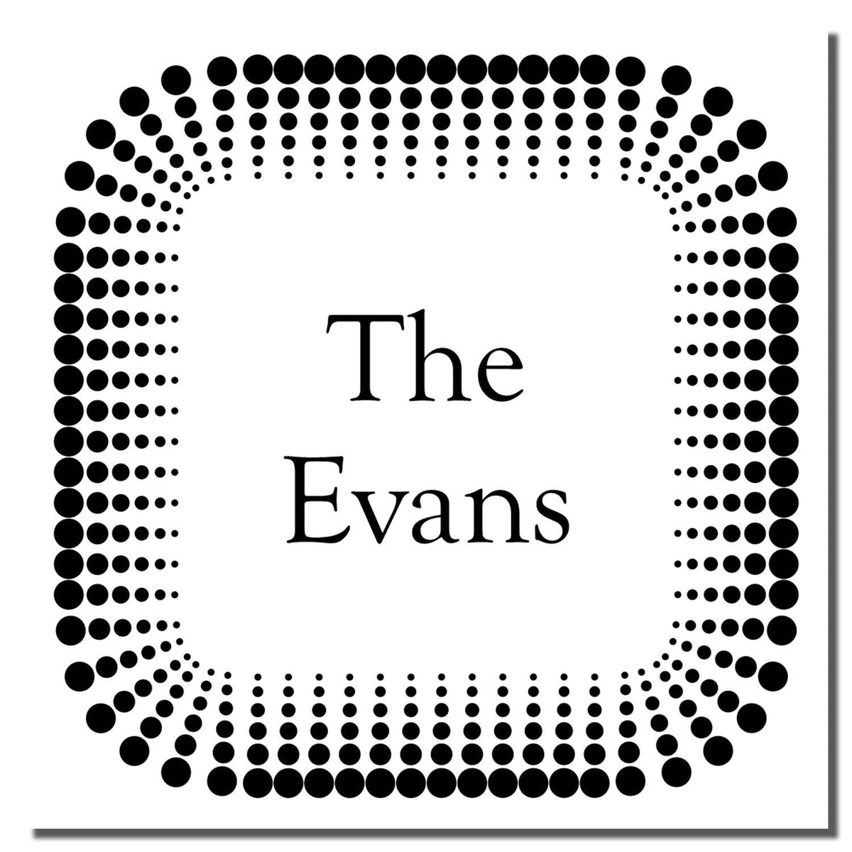 The Evans name sign centered with black dot heart border, decorative typography artwork for wall or invitation design