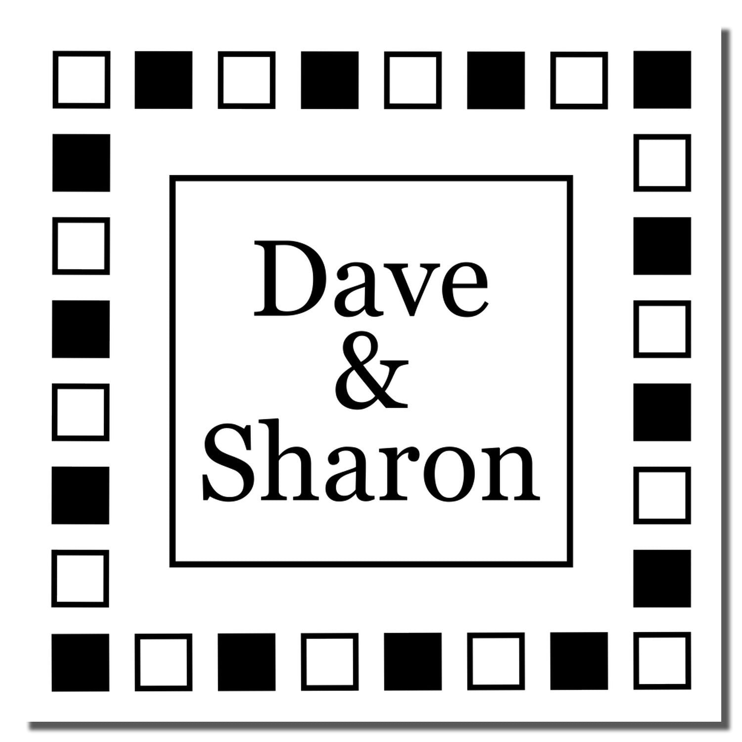 Personalized rubber stamp design with Dave & Sharon inside a decorative checkerboard frame for custom couple stationery.
