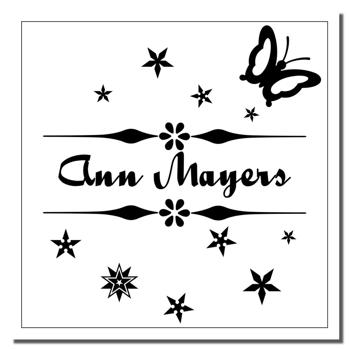 Custom Ann Mayers rubber stamp design with butterfly, stars and floral accents for personalized crafts and packaging.