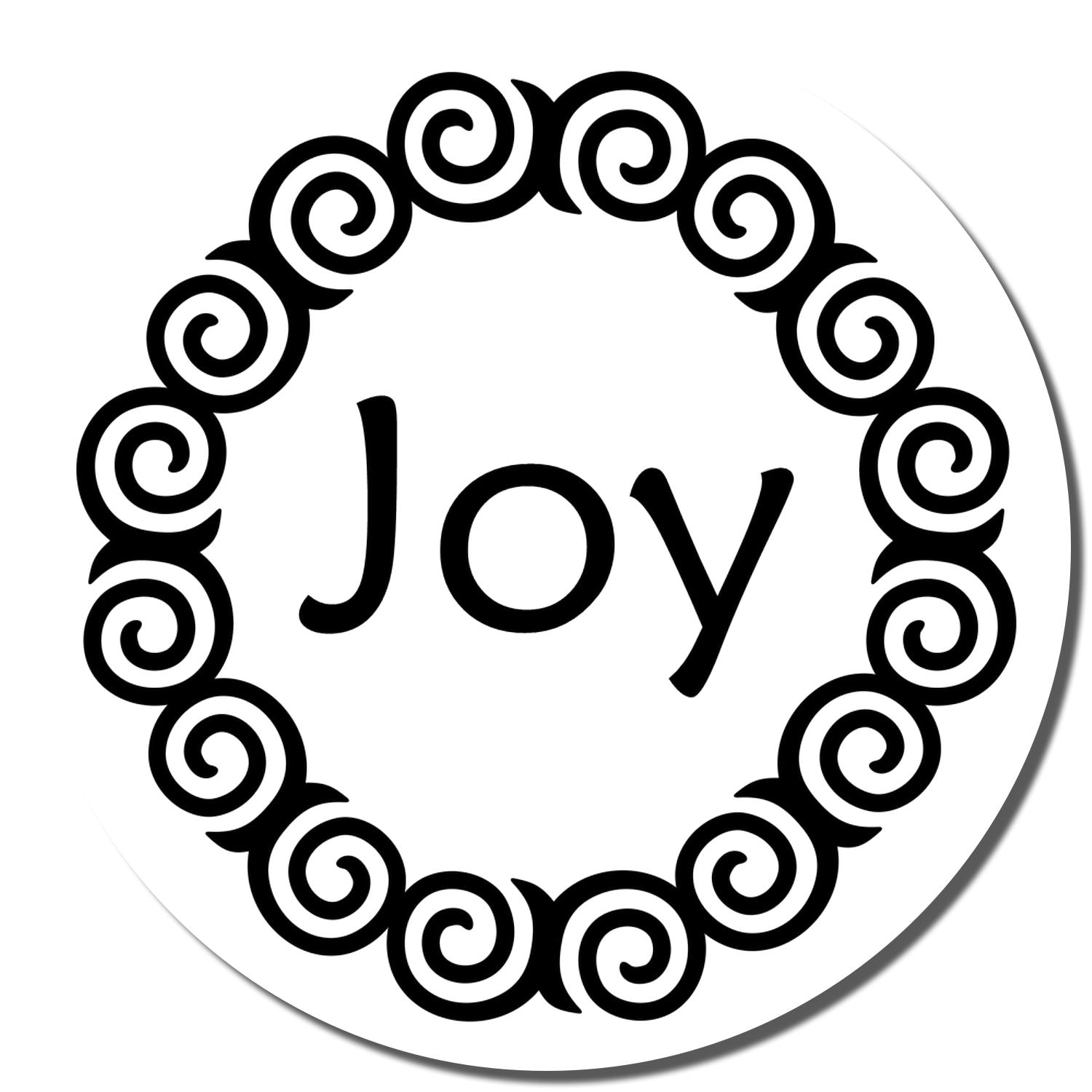 Joy rubber stamp design with decorative spiral wreath border for cards, crafts, and holiday projects.