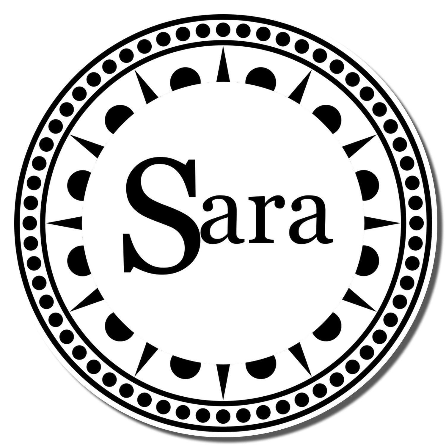 Personalized round rubber stamp with Sara name and decorative border for branding, stationery, invitations, or crafts.