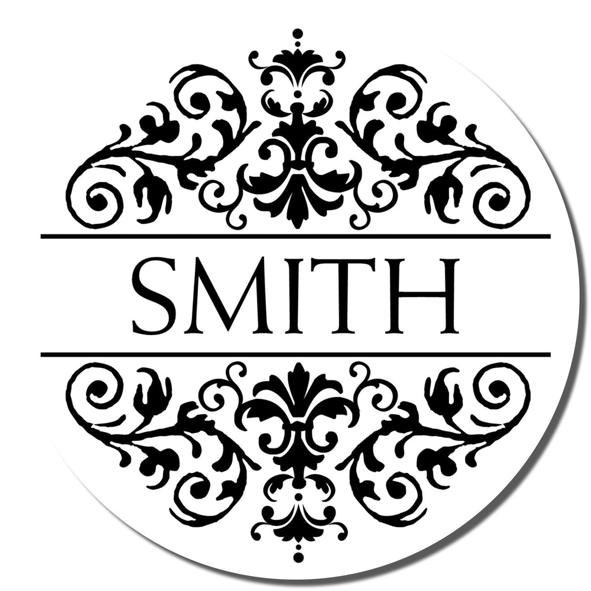 Custom Smith family rubber stamp with ornate damask floral design and surname in elegant serif text.