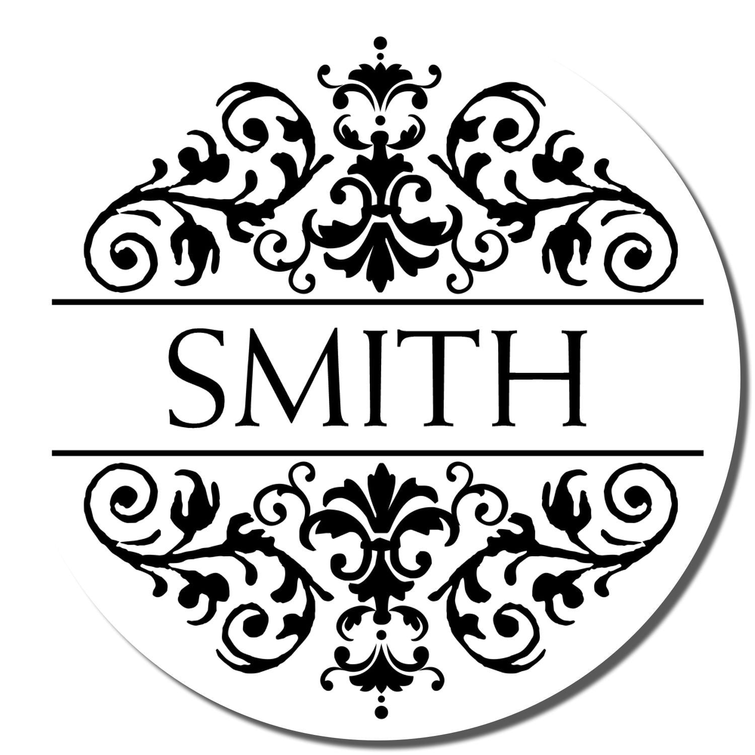 Personalized Smith family monogram rubber stamp with ornate vintage flourishes for custom stationery and wedding favors.