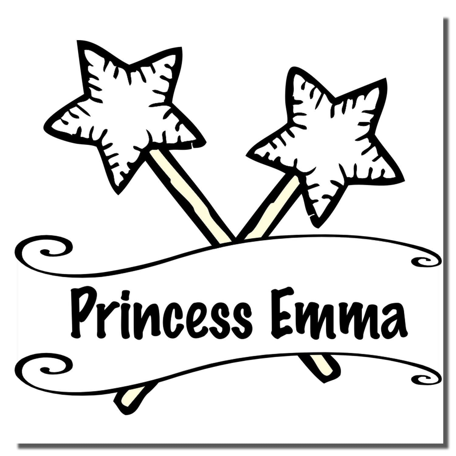 Custom Princess Emma rubber stamp design with two star wands and decorative swirls for personalized kids crafts.