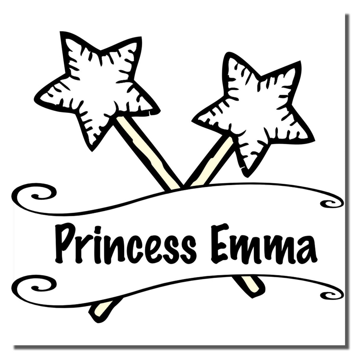 Personalized Princess Emma name design with two star wands and decorative swirls for a custom girls gift.