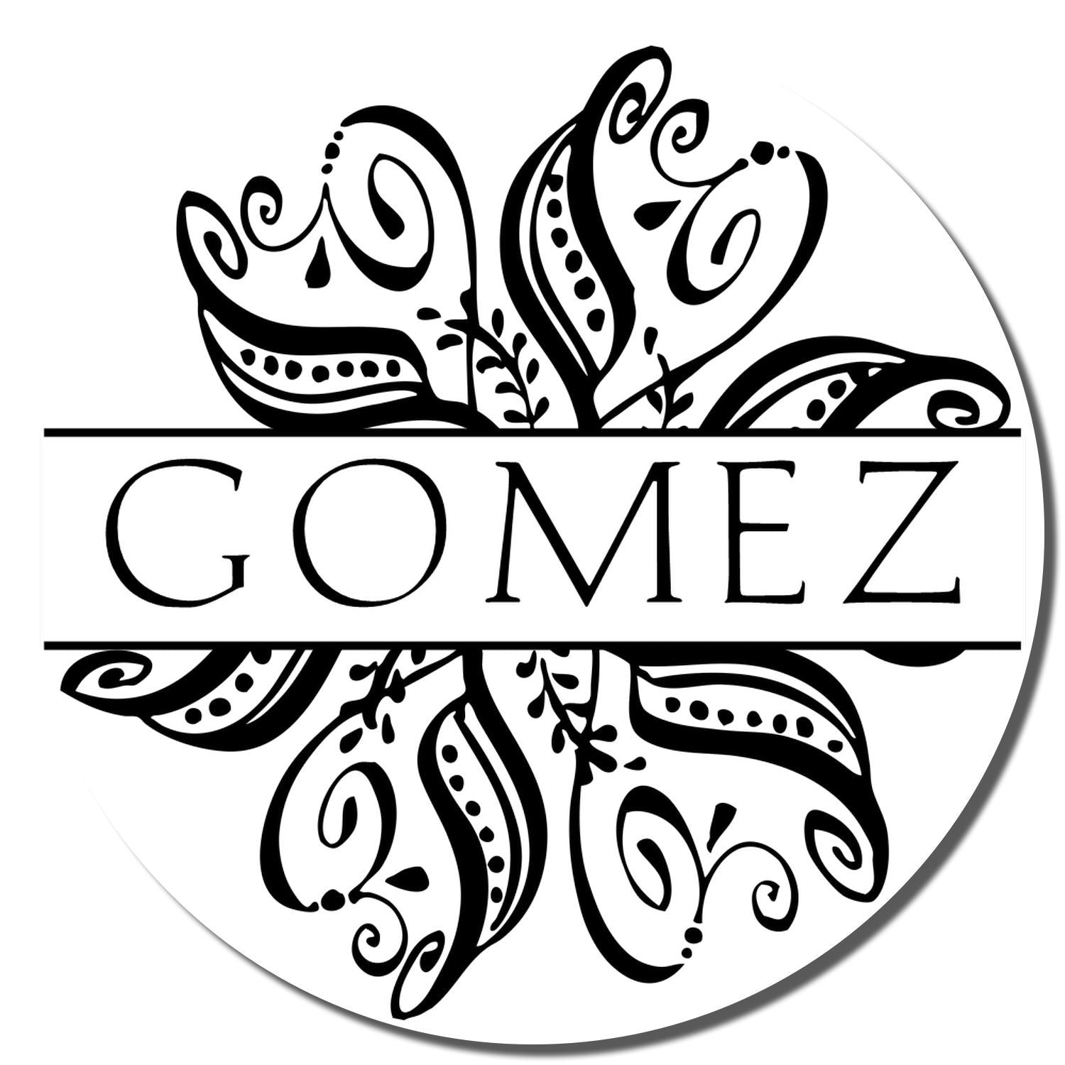 Decorative black paisley GOMEZ typography logo with ornate swirls and flourishes, ideal for apparel, branding, and tattoos.