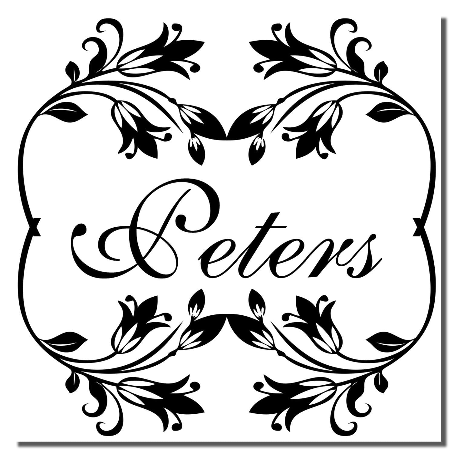 Ornate floral personalized rubber stamp design with the name Peters in elegant script inside a decorative frame.