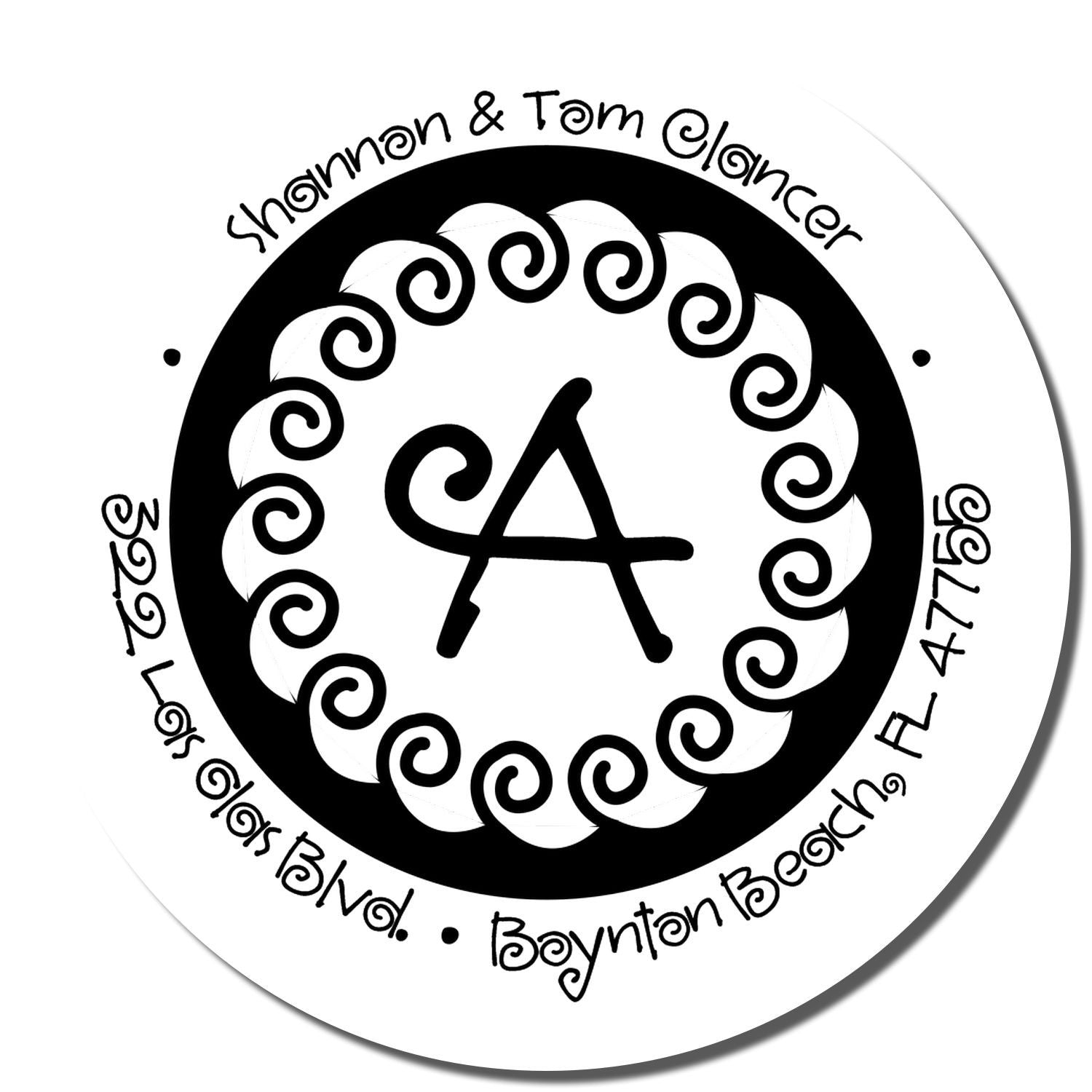 Custom return address rubber stamp with monogram A for Shannon & Tom Elander, Boynton Beach, FL.