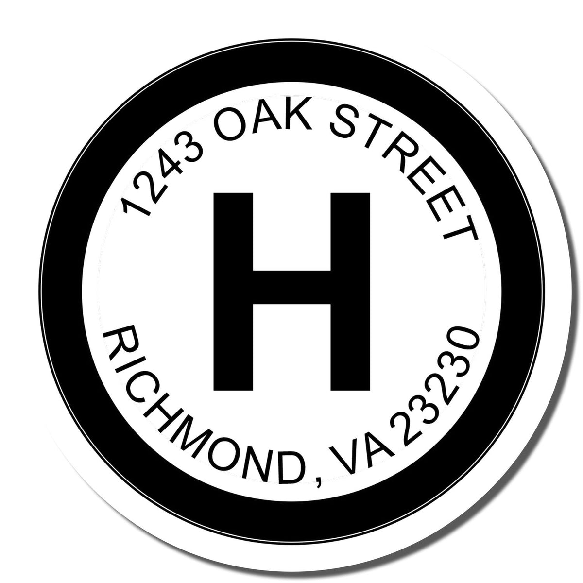 Custom round address rubber stamp with large H monogram and 1243 Oak Street, Richmond, VA 23230.