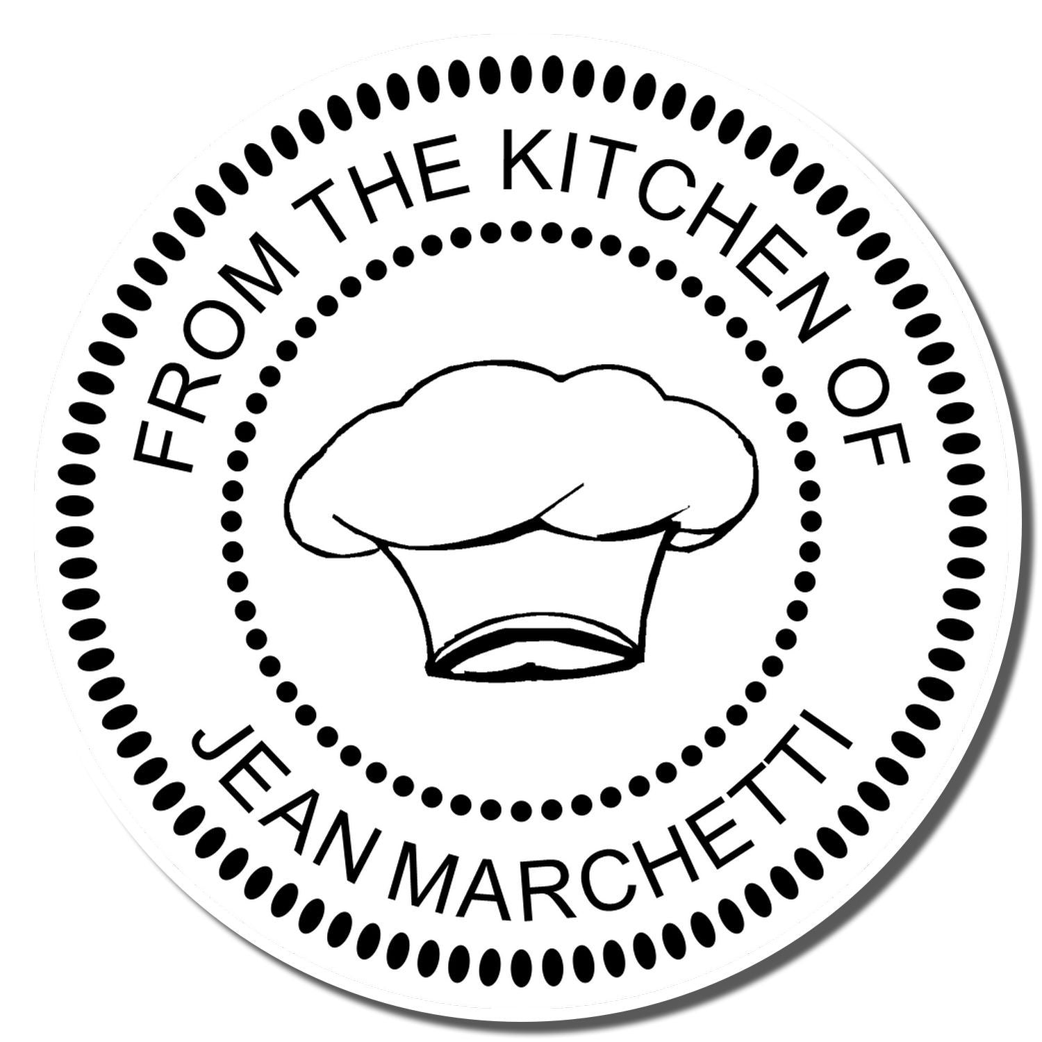 Circular custom rubber stamp with chef hat and From the Kitchen of Jean Marchetti for homemade food packaging.