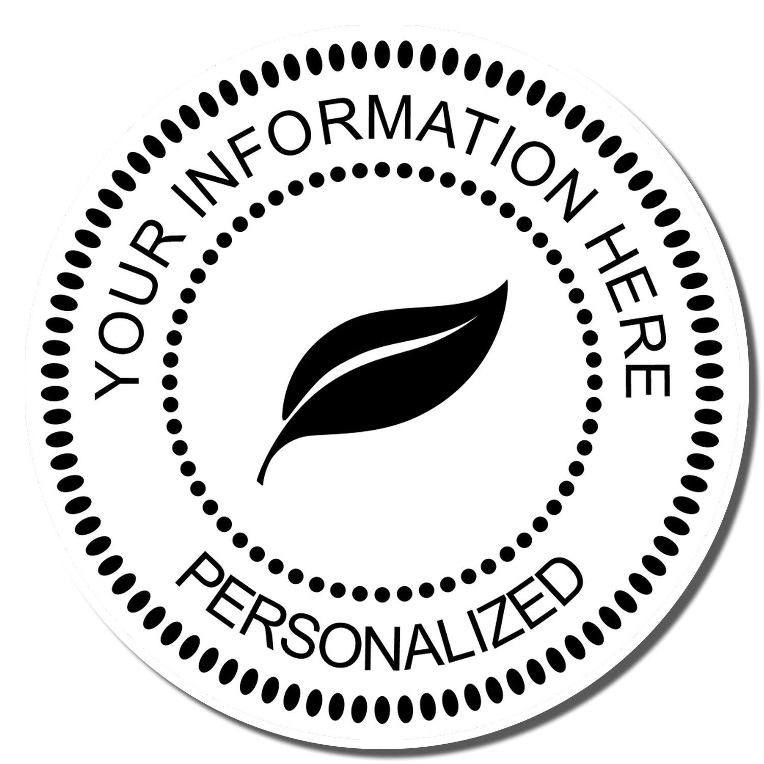Circular custom rubber stamp design with leaf logo and Your Information Here Personalized for branded business packaging.