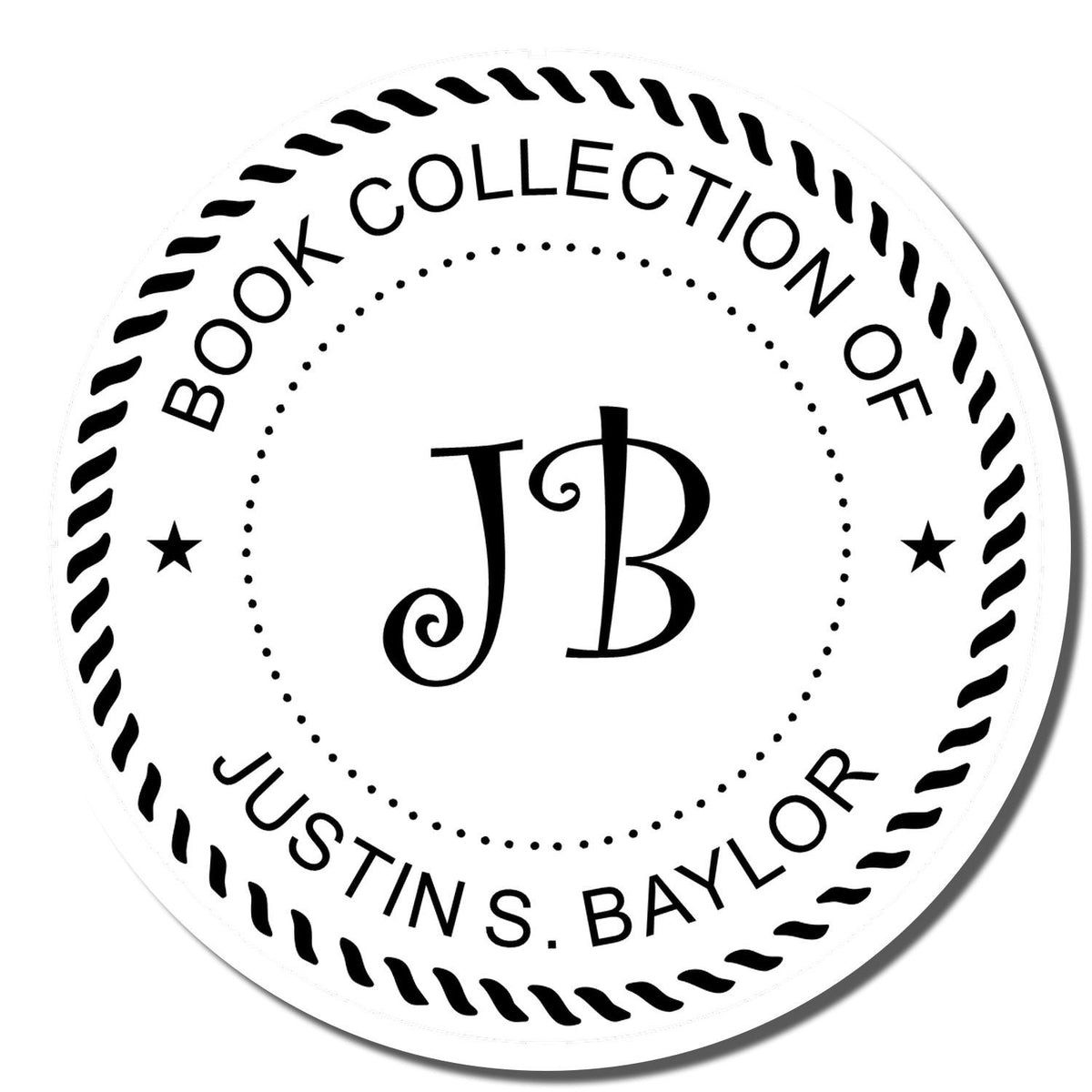 Custom round book collection rubber stamp with JB initials for Justin S. Baylor personal library books.