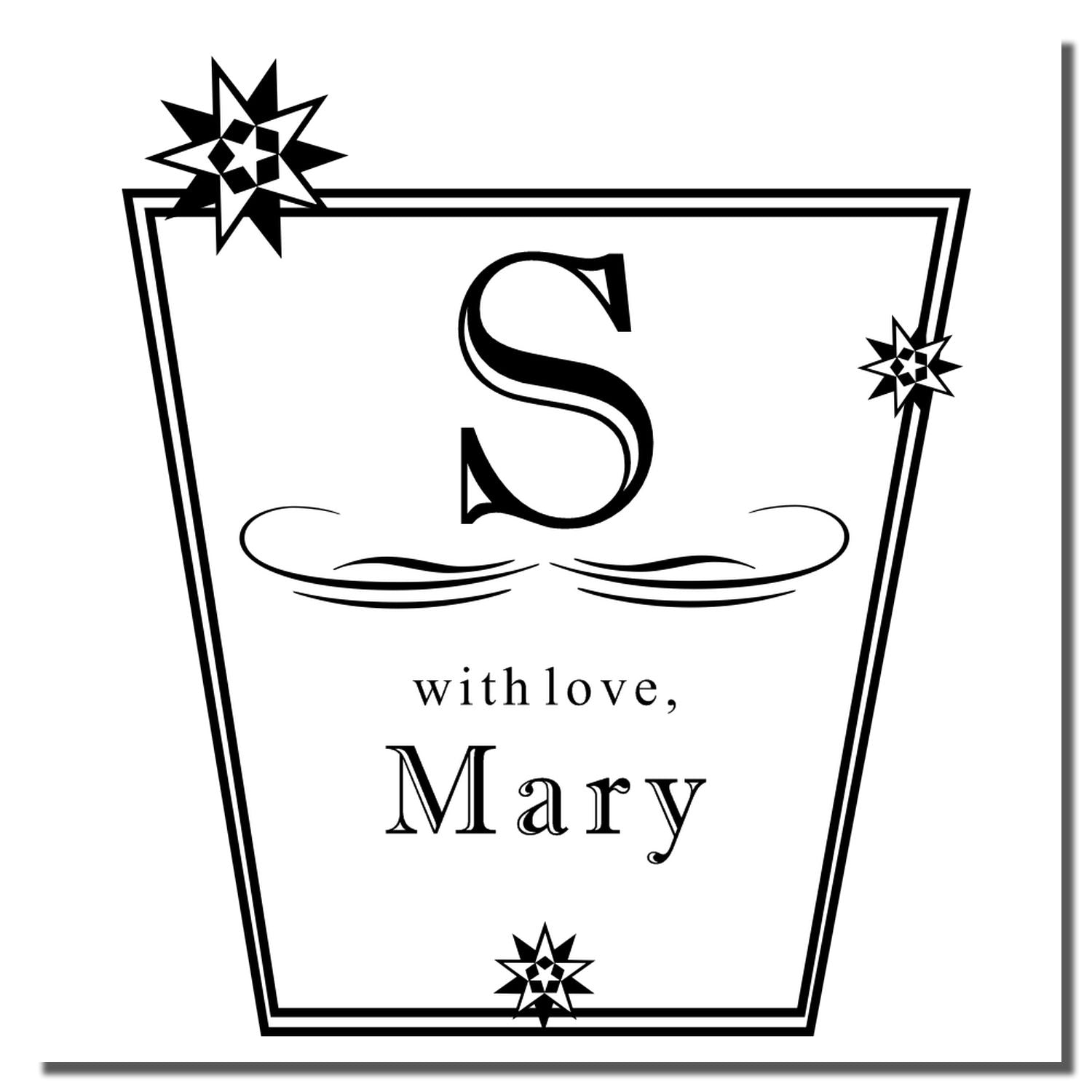 Greeting card envelope design with S with love, Mary and sparkles, minimalist black typographic love message.