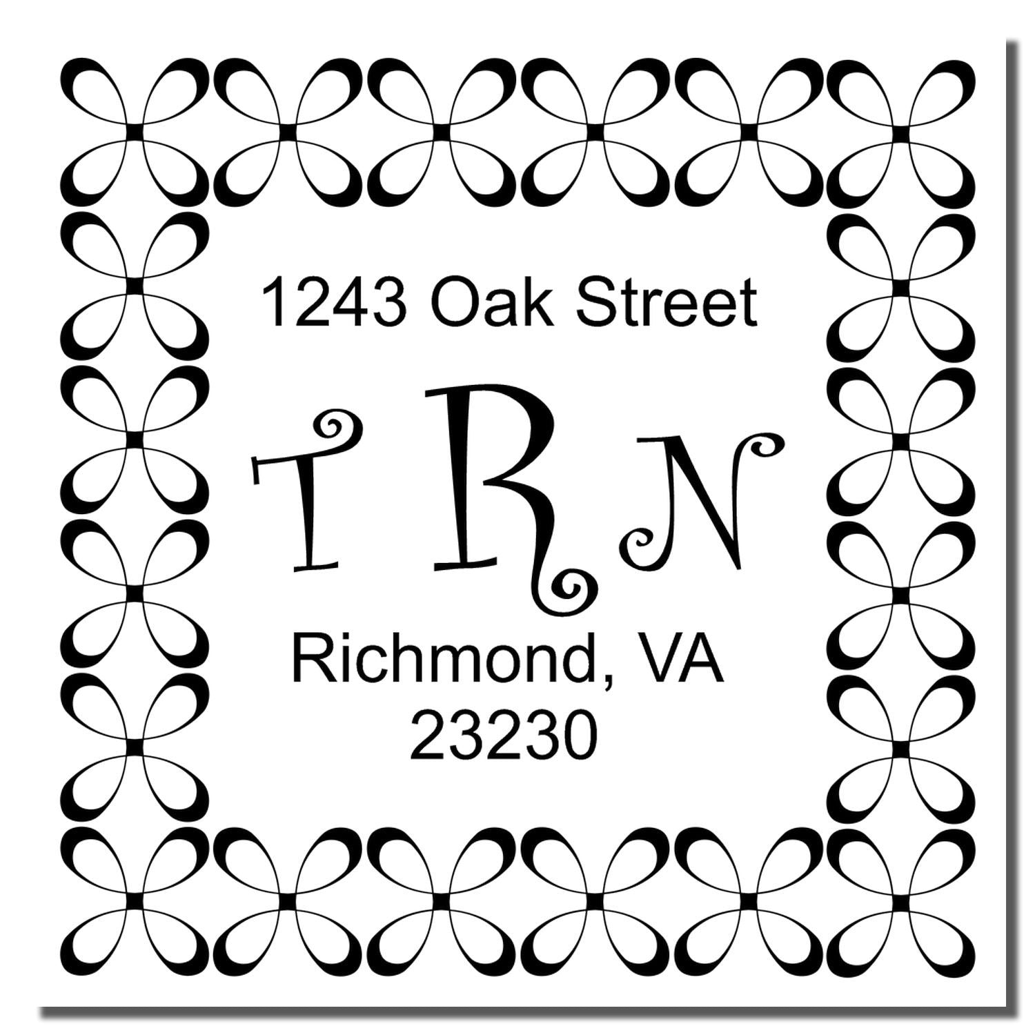 Custom address rubber stamp with TRN monogram, 1243 Oak Street, Richmond, VA 23230, decorative border.