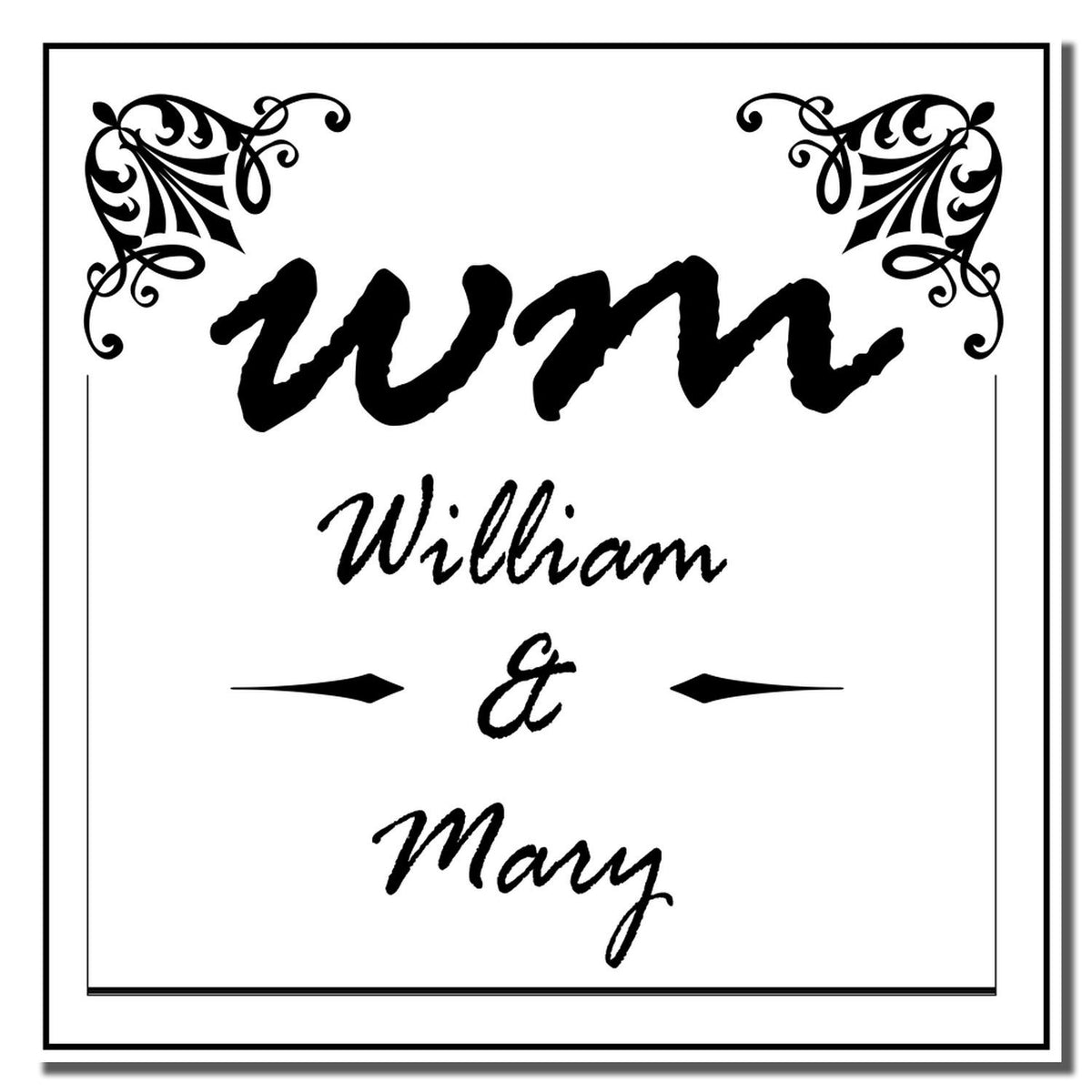 Custom wedding rubber stamp with ornate corner flourishes and William & Mary script for personalized invitations and stationery.