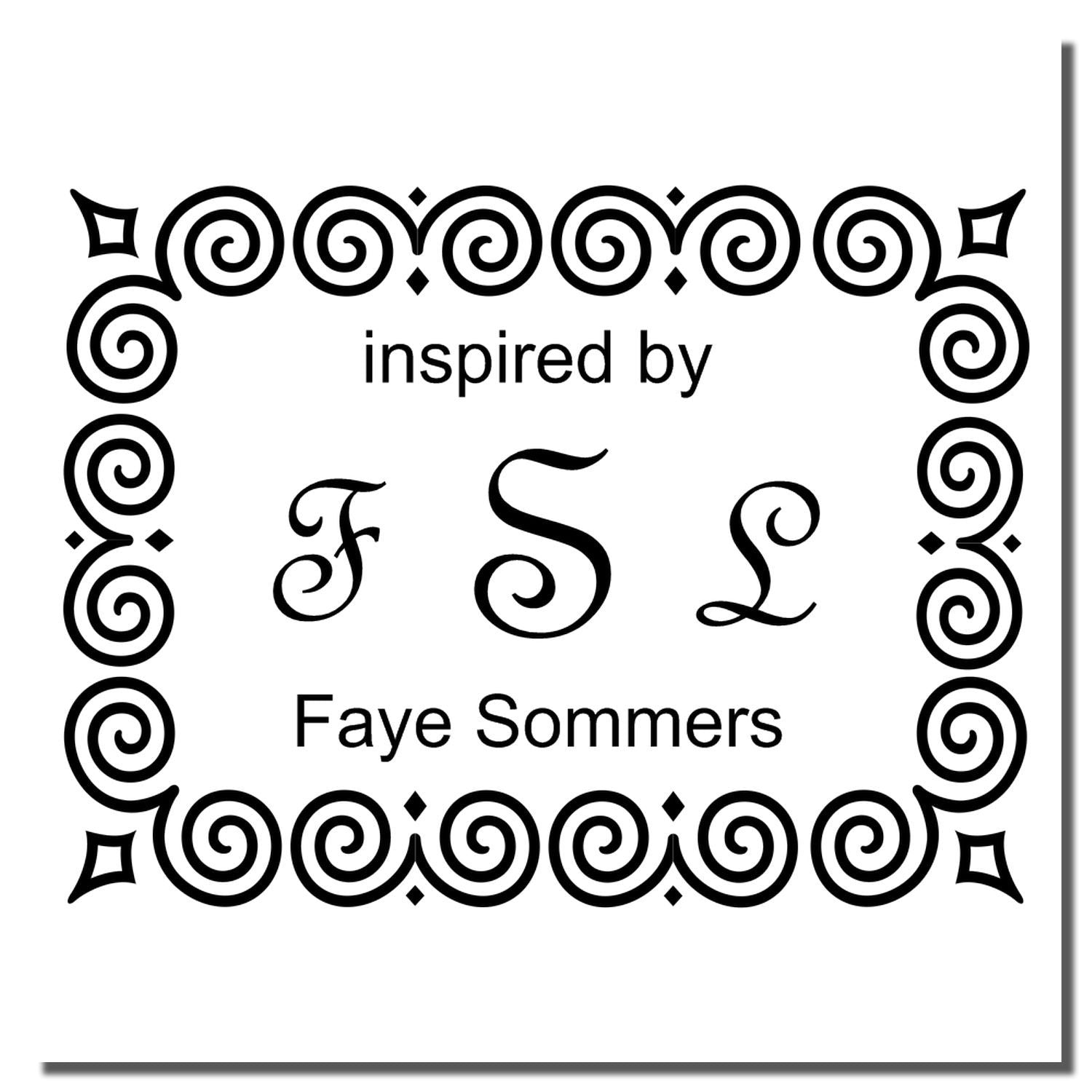 Custom rubber stamp design featuring decorative swirl border and FSL monogram for Faye Sommers.
