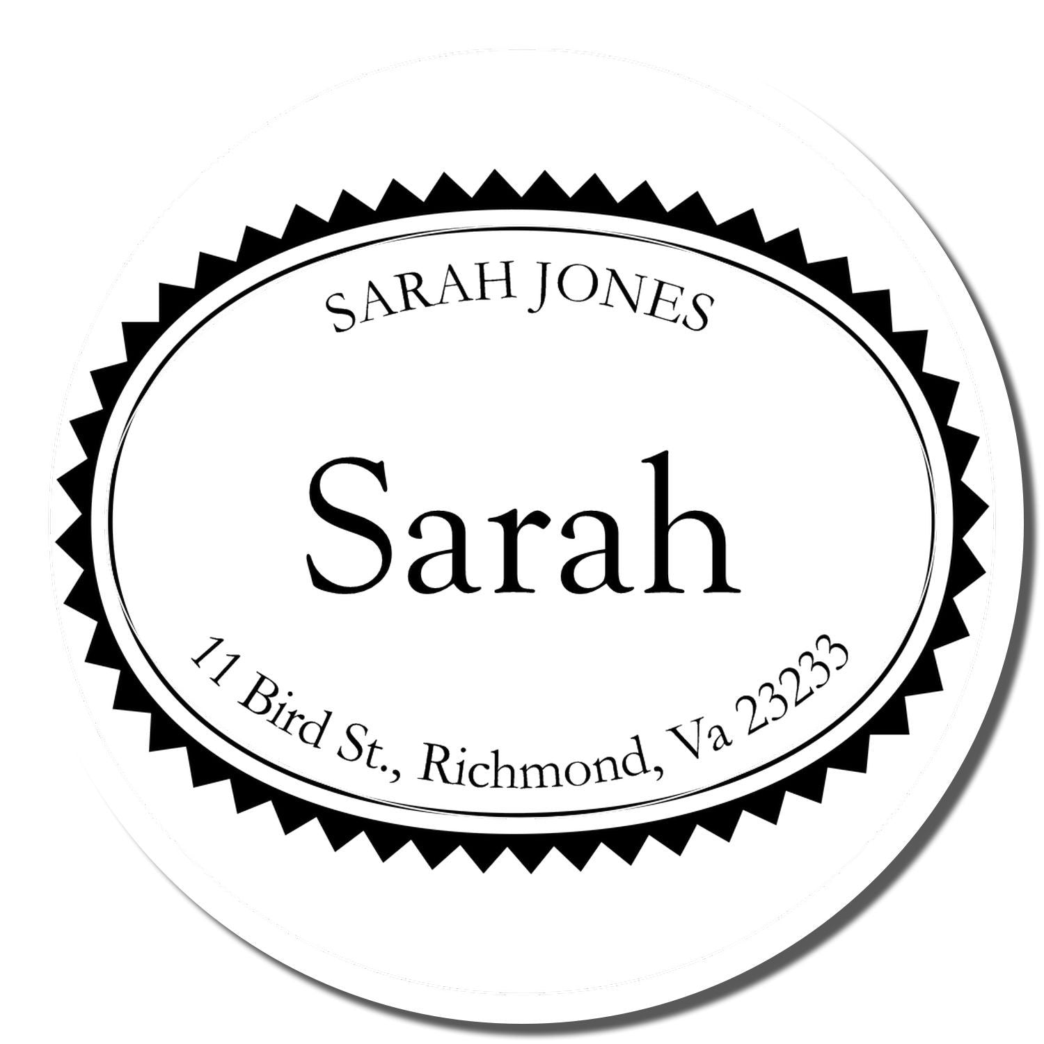 Personalized custom address rubber stamp for Sarah Jones, 11 Bird St., Richmond, VA 23233