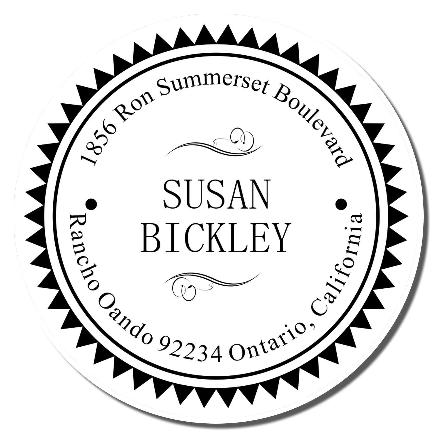 Custom round rubber address stamp for Susan Bickley, featuring a seal-style border and California mailing address.