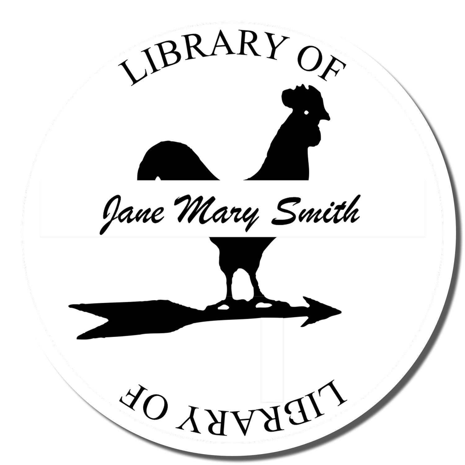 Personalized ex libris rubber stamp with chicken silhouette and Jane Mary Smith name for custom library bookplates.