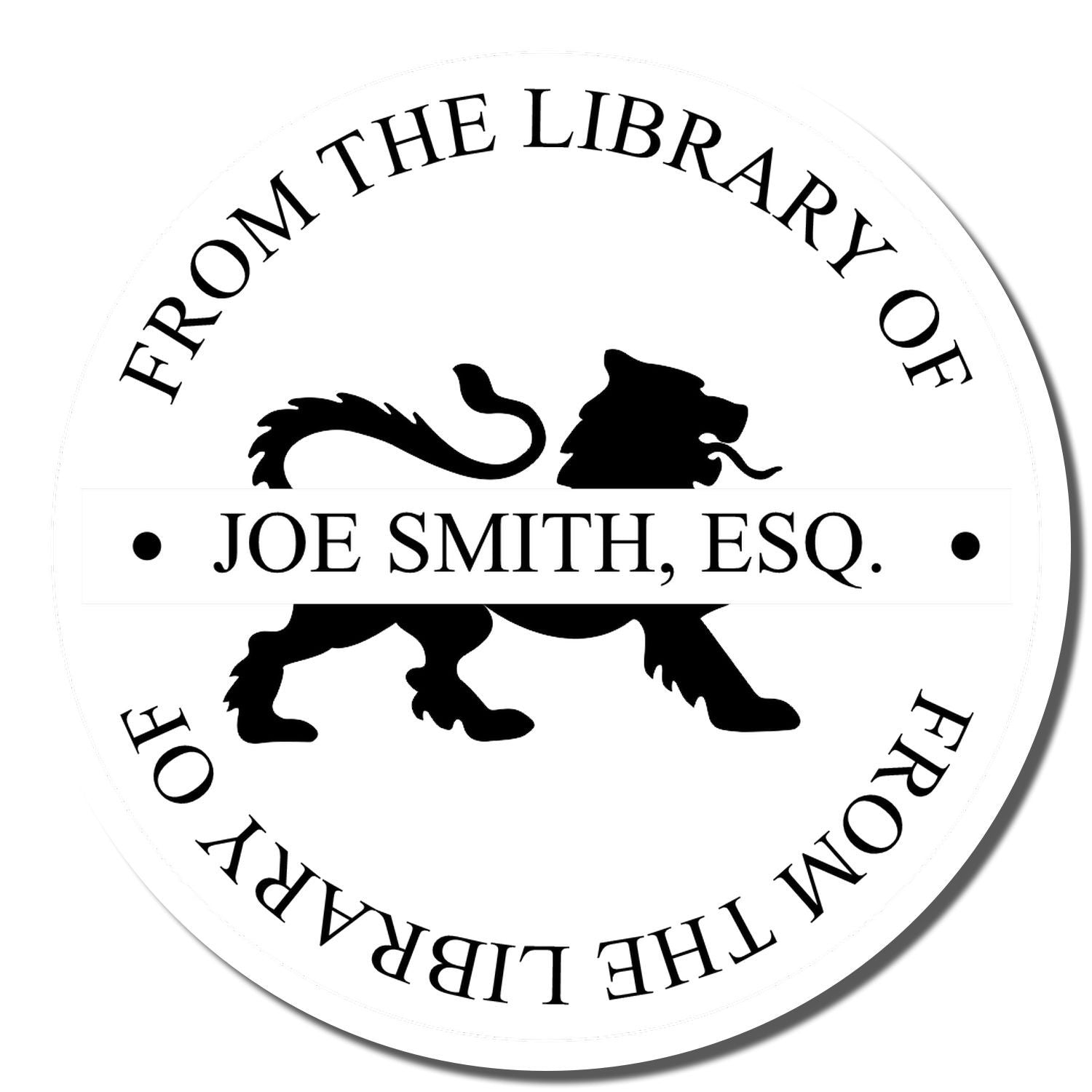 Personalized circular rubber stamp for Joe Smith, Esq., with lion emblem and From the Library of bookplate text.