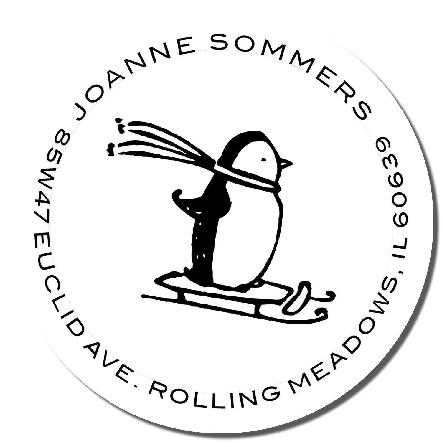Custom rubber stamp with penguin logo and Joanne Sommers return address, Rolling Meadows, IL.