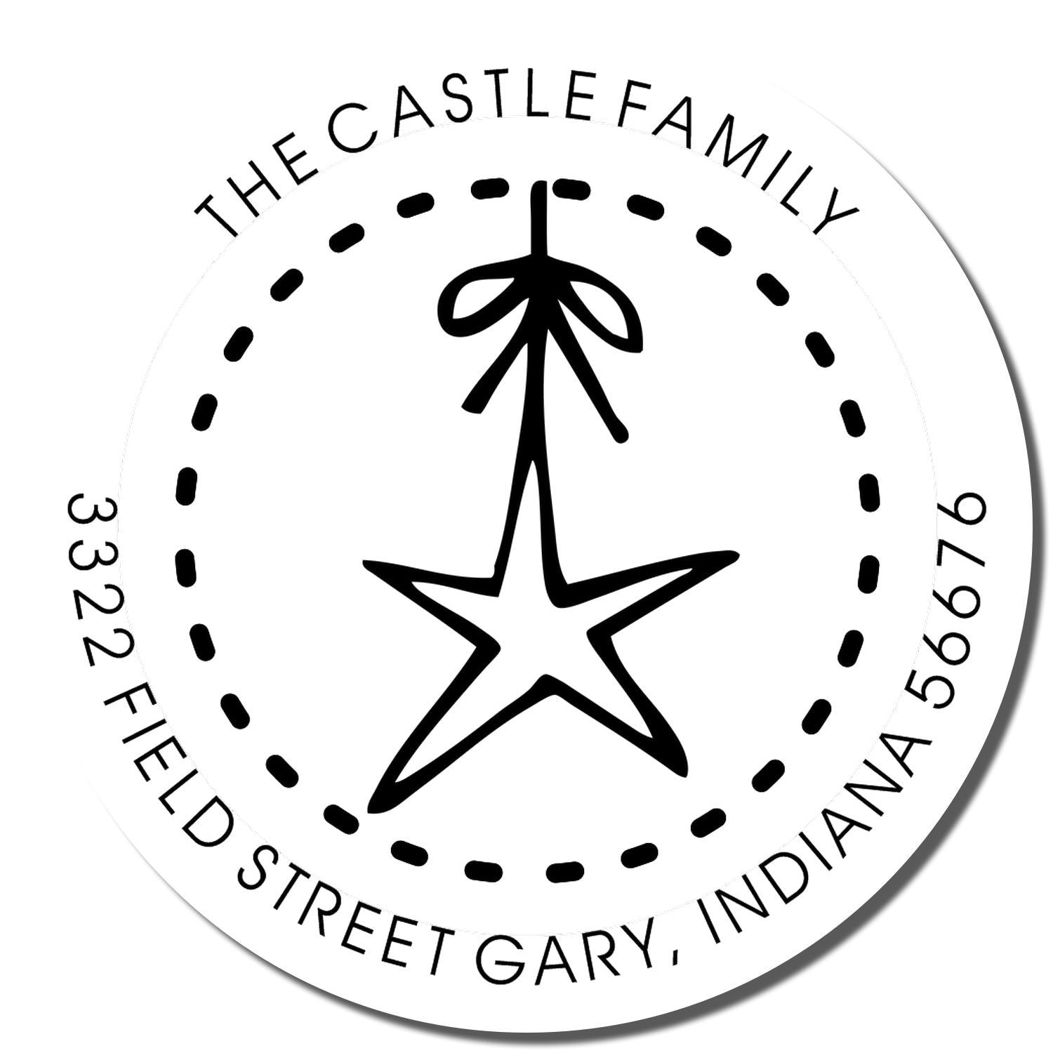 Custom return address rubber stamp for The Castle Family, with star design and 3322 Field Street, Gary, Indiana.