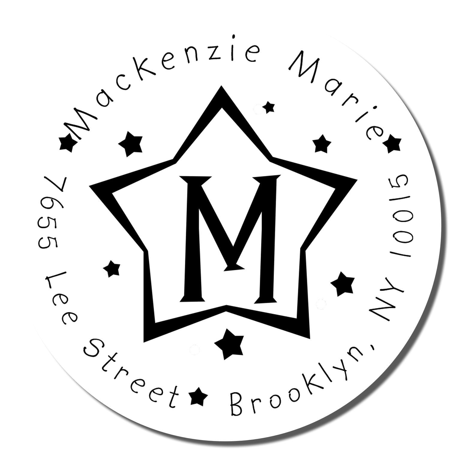 Circular monogram logo with Mackenzie and Morgan names, decorated with stars for a personalized decal or invitation design template.
