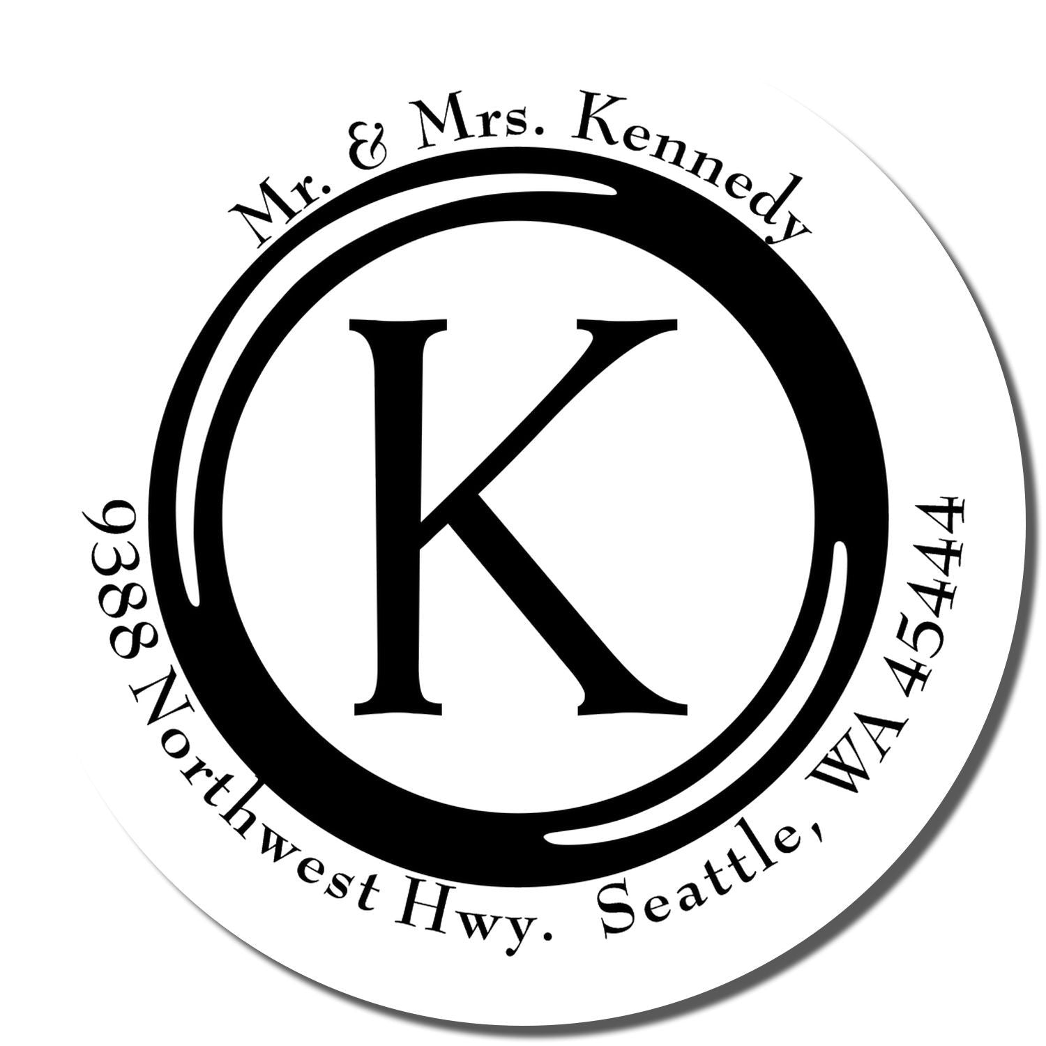 Circular monogram logo with large K for Mr. Kenneth and Mrs. Kenneth, featuring Seattle Hwy address text.