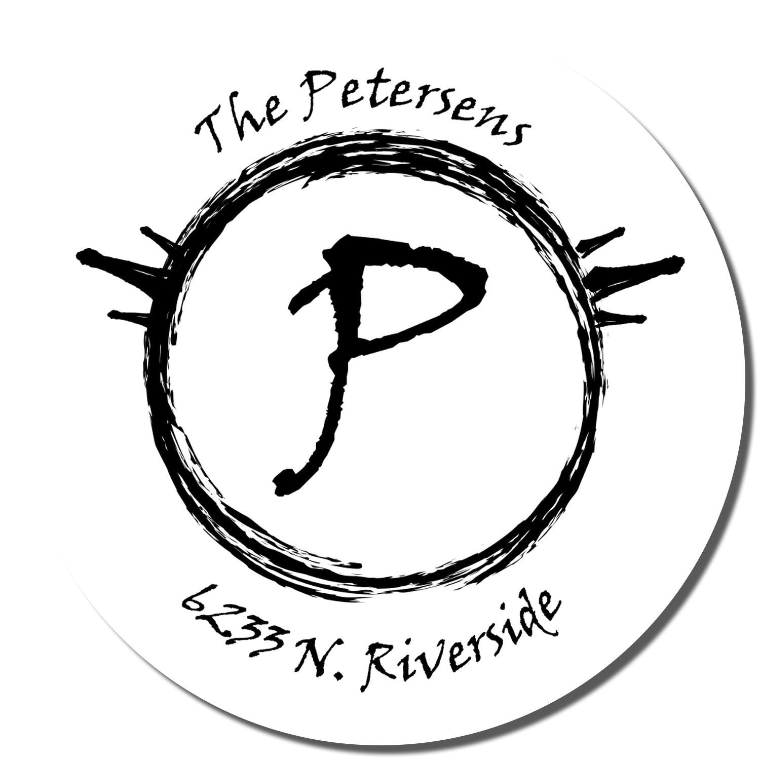 The Petersens logo stamp with circular TP graphic and text 6/13 N. Riverside on white background.