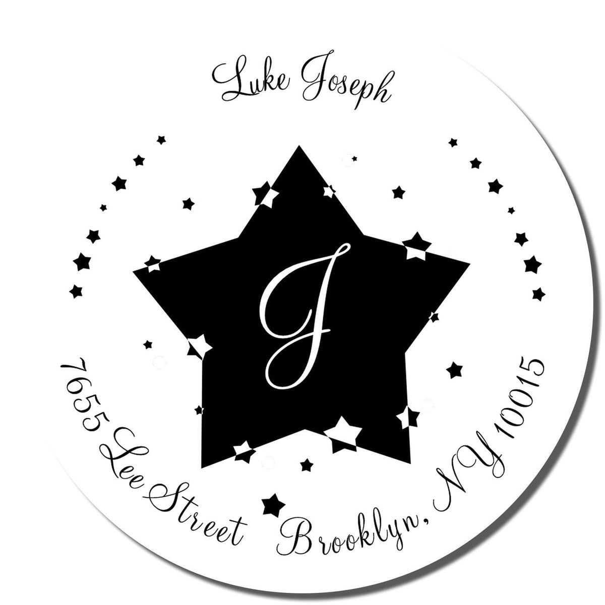 Personalized baby name wall art for Luke Joseph, featuring a bold star silhouette and scattered star icons on a circular design print.