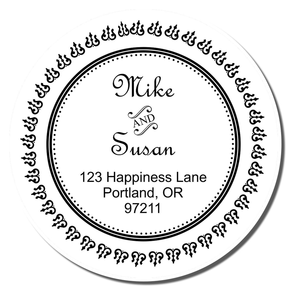 Personalized round return address rubber stamp for Mike and Susan, with decorative border and Portland, OR 97211 address.
